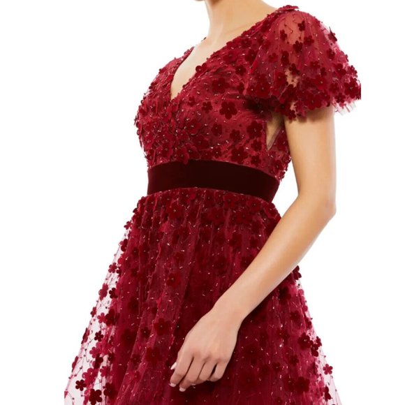MAC DUGGAL FLORAL APPLIQUE VELVET COCKTAIL MIDI RED/BURGUNDY DRESS sz 8 - Picture 3 of 3